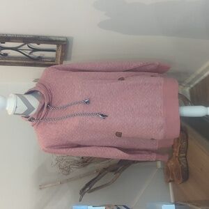 Women's  large heather salmon/ navy colored sweatshirt with a pouch pocket